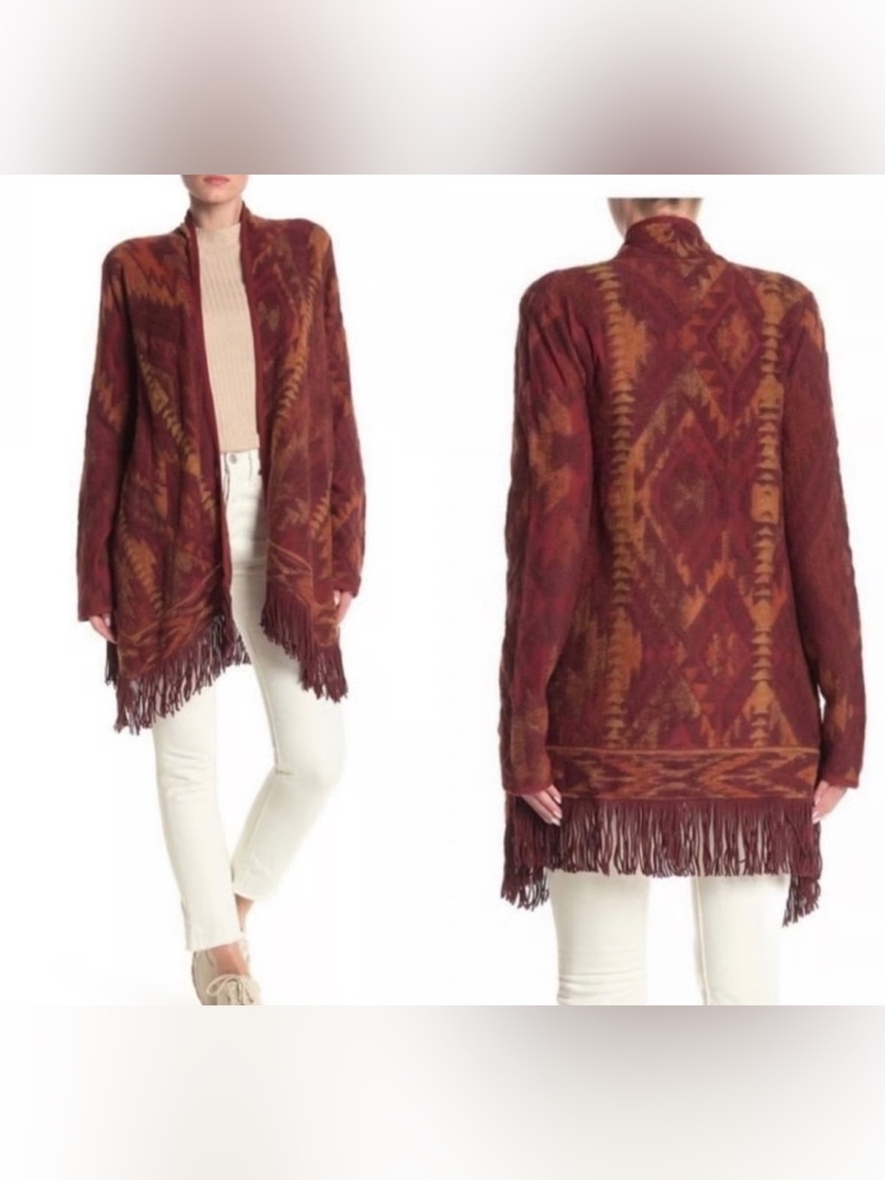 Boho lucky brand sweater fringe cardigan size large